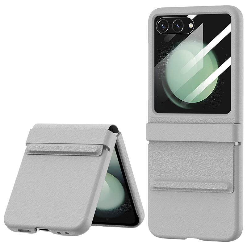 For Samsung Galaxy Z Flip6 5G Case Anti-Scratch Leather+PC Phone Cover with Rear Screen Film - Grey For Samsung Galaxy Z Flip6 5G Case Anti-Scratch Leather+PC Phone Cover with Rear Screen Film - Grey